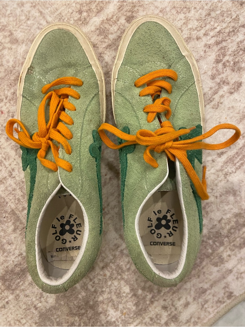 LF Low-Top Suede Sneakers in Sage Green with Orange Accents